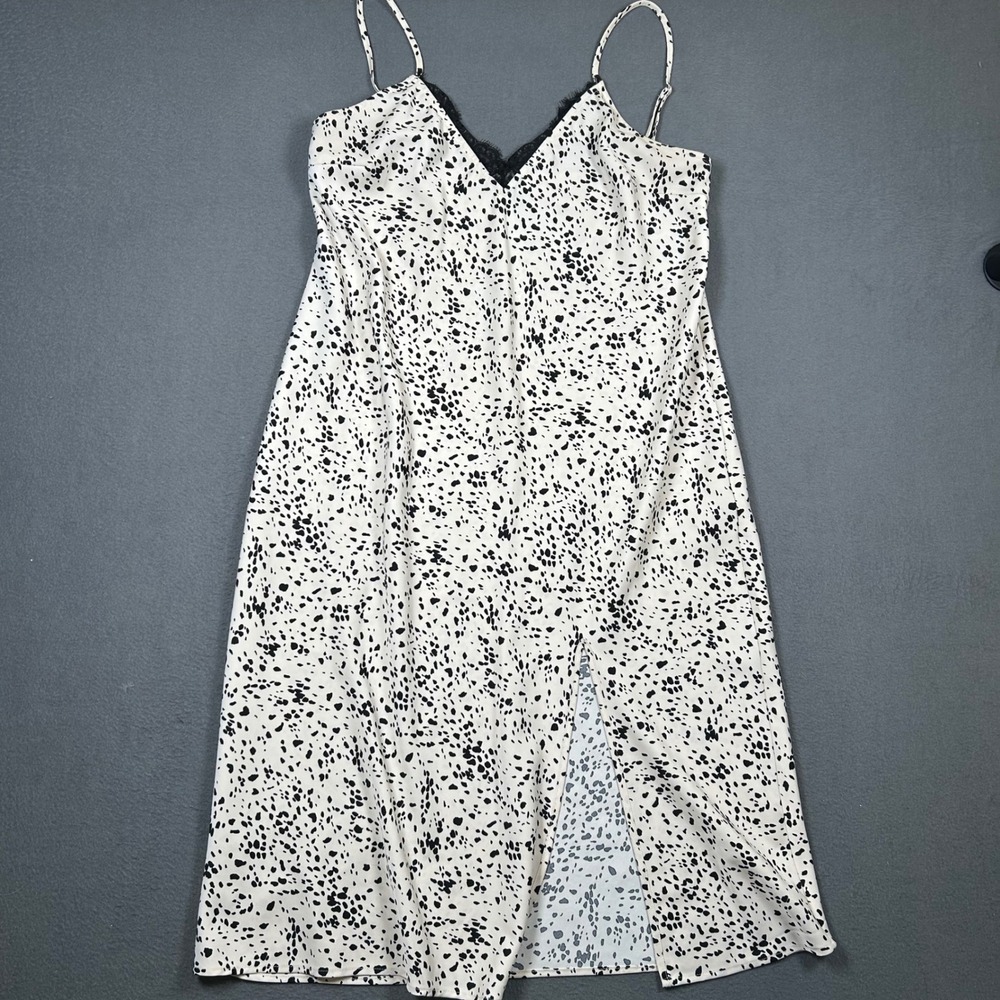 A New Day Slip Dress Womens Medium White Black Dalmatian Lace Trim V-Neck Midi